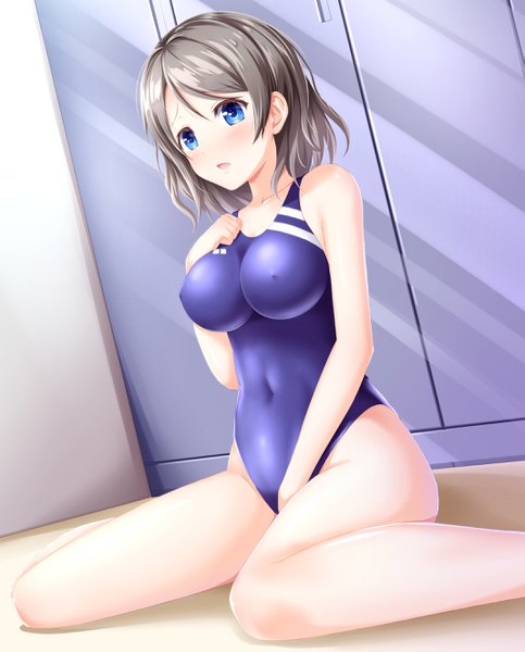 Anime picture 2134x2652 with love live! sunshine!! sunrise (studio) love live! watanabe you kyamu (qqea92z9n) single tall image blush fringe highres short hair breasts open mouth blue eyes light erotic brown hair large breasts sitting looking away lens flare