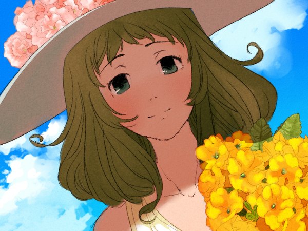 Anime picture 1024x768 with vocaloid gumi single smile green eyes sky cloud (clouds) green hair girl flower (flowers) hat straw hat agata no michi