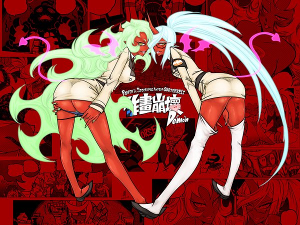 Anime picture 1280x960 with panty & stocking with garterbelt kneesocks (character) scanty long hair light erotic multiple girls green eyes silver hair ponytail looking back green hair undressing demon girl red background demon tail demon wings red skin girl thighhighs underwear