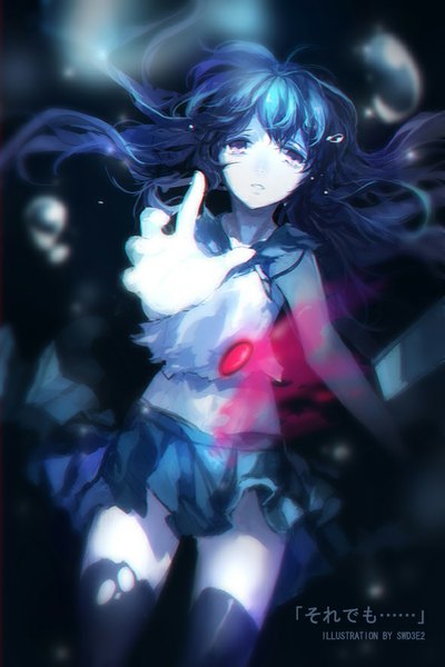 Anime picture 591x886 with kantai collection kisaragi destroyer swd3e2 single long hair tall image looking at viewer fringe purple eyes blue hair pleated skirt from above torn clothes outstretched arm pale skin underwater girl thighhighs skirt black thighhighs