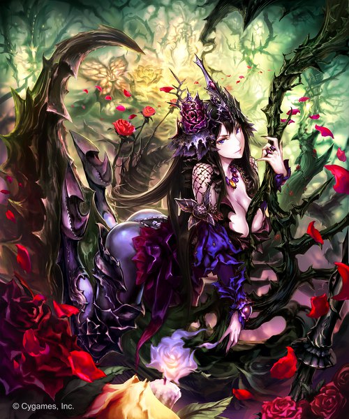 Anime picture 1000x1200 with shingeki no bahamut granblue fantasy shadowverse rose queen hisakata souji single long hair tall image looking at viewer fringe breasts light erotic black hair smile hair between eyes large breasts purple eyes cleavage full body ass