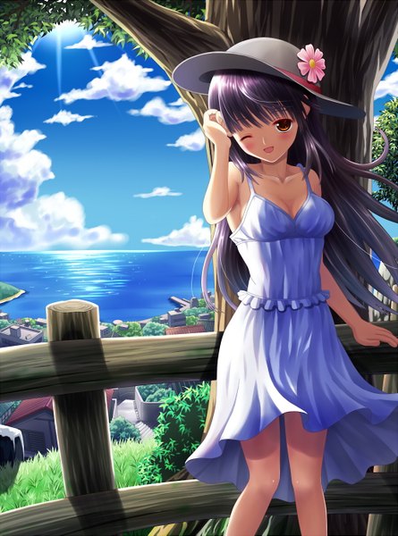 Anime picture 1024x1379 with original yamakamu single long hair tall image blush black hair red eyes cloud (clouds) one eye closed wink girl plant (plants) hat tree (trees) sea sundress