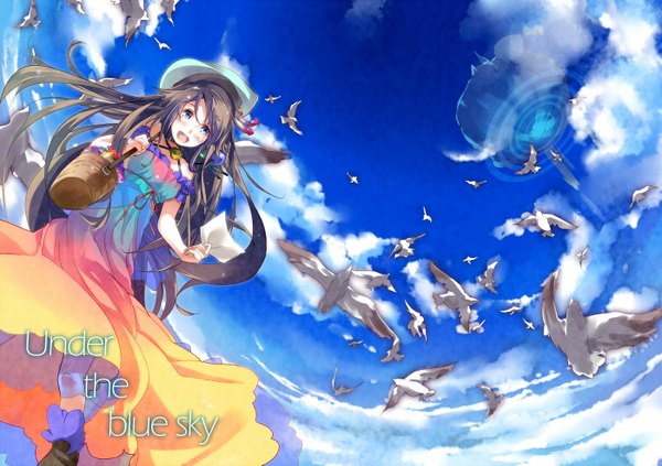 Anime picture 1400x989 with original renka (renkas) single long hair blush open mouth black hair green eyes sky cloud (clouds) girl hat animal bird (birds) sundress