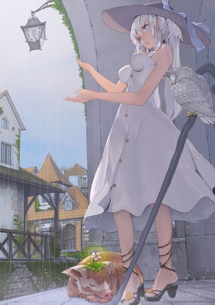 Anime picture 848x1200 with mabinogi nao toro long hair tall image open mouth blue eyes bare shoulders white hair rain girl dress hat animal bird (birds) sundress staff sandals owl pig
