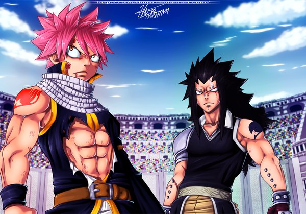 Anime picture 1429x1000 with fairy tail natsu dragneel gajeel redfox bl4ckburn long hair short hair black hair red eyes pink hair sky cloud (clouds) orange eyes tattoo sleeveless piercing coloring torn clothes muscle boy gloves