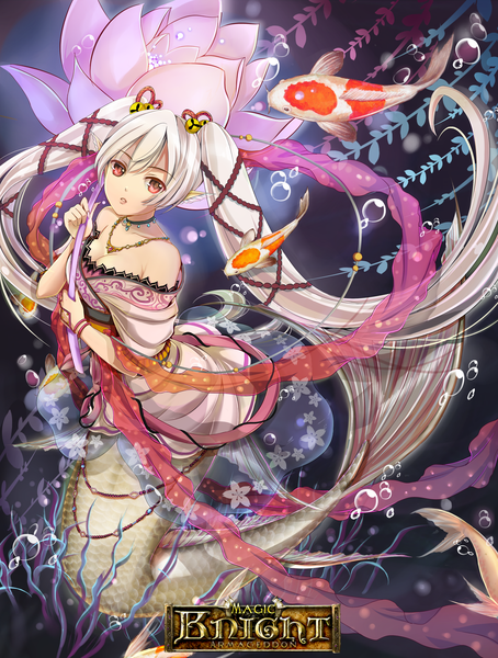 Anime picture 2500x3300 with magic knight armageddon sammi hisame single tall image highres twintails bare shoulders white hair tail very long hair traditional clothes pink eyes inscription underwater fish tail girl animal belt bell jewelry