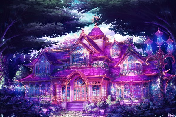 Anime picture 2048x1368 with original astral-requin highres sky cloud (clouds) shadow reflection no people landscape flower (flowers) plant (plants) tree (trees) window building (buildings) star (stars) forest lantern lamp house door