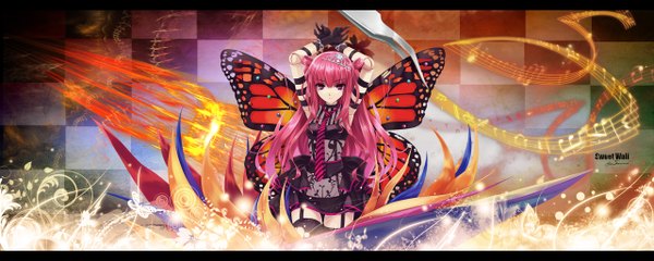 Anime picture 2560x1024 with single long hair highres wide image pink hair pink eyes arms behind head checkered background insect wings butterfly wings girl gloves necktie insect butterfly