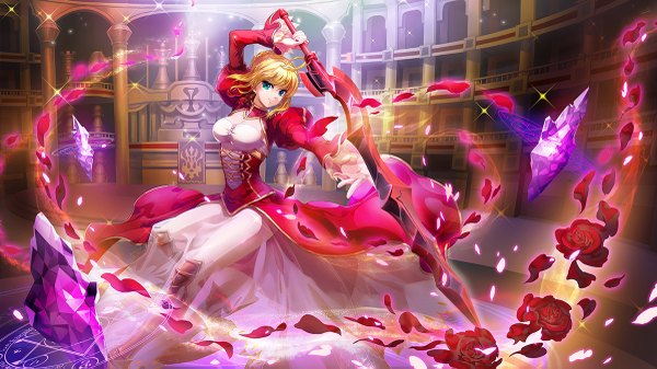 Anime picture 1200x675 with fate (series) fate/extra type-moon nero claudius (fate) (all) nero claudius (fate) maolimao single looking at viewer fringe short hair blonde hair smile wide image ahoge bent knee (knees) aqua eyes magic fighting stance underbust girl