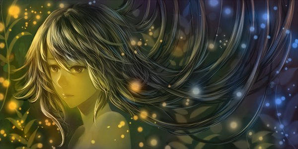 Anime picture 1480x740 with original bounin single long hair fringe wide image bare shoulders looking away lips glow dark hair girl plant (plants)