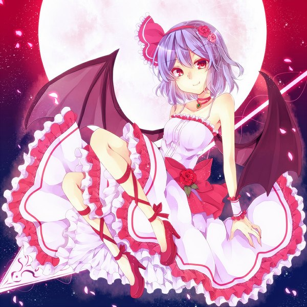 Anime picture 1000x1000 with touhou remilia scarlet michan mi-chan single short hair red eyes bare shoulders blue hair hair flower red moon girl dress hair ornament bow hair bow wings frills spear the gungnir
