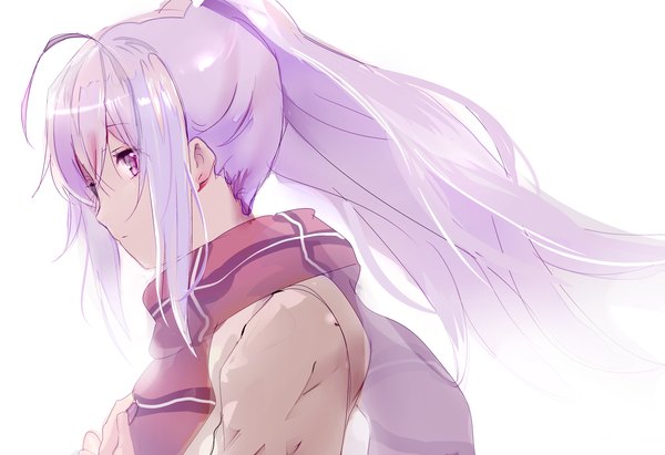 Anime picture 3146x2160 with plastic memories isla (plastic memories) n0bng single long hair fringe highres simple background white background looking away pink hair absurdres ahoge ponytail profile pink eyes girl scarf
