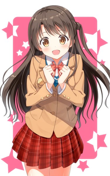 Anime picture 800x1279 with idolmaster idolmaster cinderella girls shimamura uzuki hyuuga azuri single long hair tall image looking at viewer blush open mouth brown hair brown eyes pleated skirt one side up border happy outside border girl skirt uniform