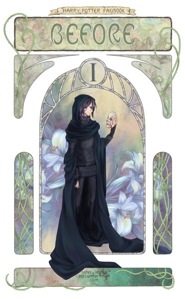 Anime picture 1096x1771 with harry potter severus snape tall image short hair simple background white background holding purple hair profile framed boy flower (flowers) cloak mask lily (flower) wand
