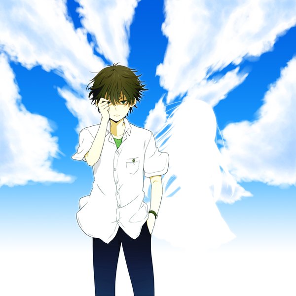 Anime picture 2000x2000 with hyouka kyoto animation oreki houtarou teadial single looking at viewer fringe highres short hair black hair standing green eyes sky cloud (clouds) short sleeves adjusting hair open collar hand in pocket silhouette boy