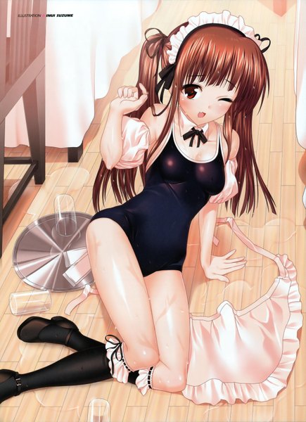Anime picture 2455x3381 with original suzume inui long hair tall image highres open mouth light erotic red eyes brown hair twintails one eye closed wink maid falling girl swimsuit headdress maid headdress apron tray