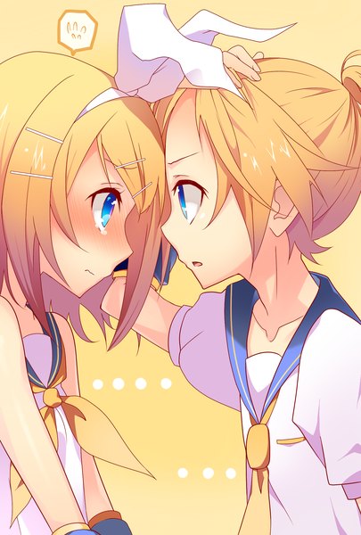 Anime picture 1377x2039 with vocaloid kagamine rin kagamine len temari (deae) tall image blush short hair open mouth blue eyes blonde hair profile face to face yellow background twins brother and sister girl boy hair ornament bow hair bow