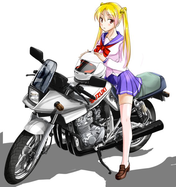 Anime picture 1597x1693 with bakuon!! suzuki (company) suzunoki rin suzuki-shi single long hair tall image blush blonde hair simple background hair between eyes white background sitting twintails holding brown eyes looking away full body parted lips pleated skirt