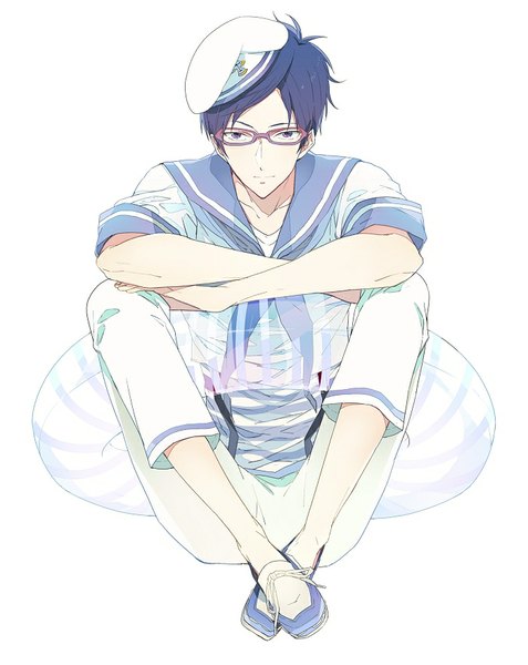 Anime picture 700x880 with free! kyoto animation ryugazaki rei nic (kevin) single tall image looking at viewer short hair simple background white background sitting purple eyes blue hair indian style boy glasses beret sailor suit swim ring