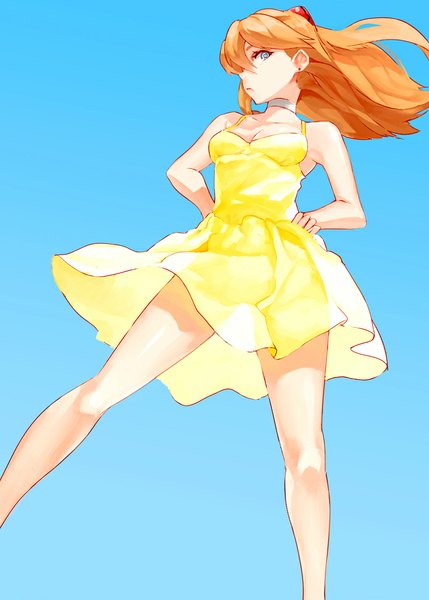Anime picture 800x1119 with neon genesis evangelion gainax soryu asuka langley laio single long hair tall image looking at viewer fringe breasts blue eyes simple background bare shoulders profile hair over one eye orange hair bare legs blue background girl dress