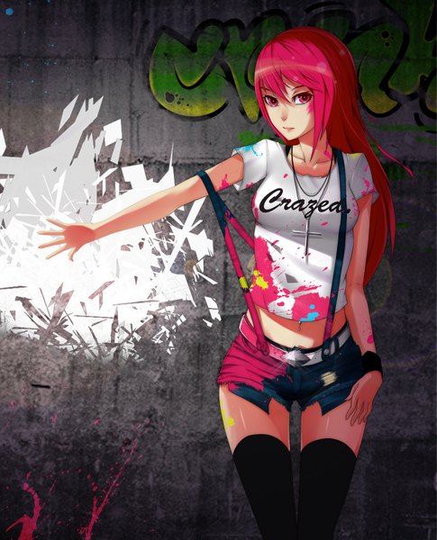 Anime picture 2835x3507 with original crazed single long hair tall image looking at viewer highres red eyes pink hair outstretched arm graffiti girl thighhighs navel black thighhighs shorts short shorts cross wall splashes