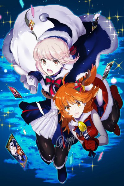 Anime picture 532x800 with fate (series) fate/grand order artoria pendragon (all) fujimaru ritsuka (female) santa alter koto2 tall image looking at viewer fringe short hair open mouth blonde hair multiple girls brown eyes payot looking away ahoge bent knee (knees) horn (horns) orange hair