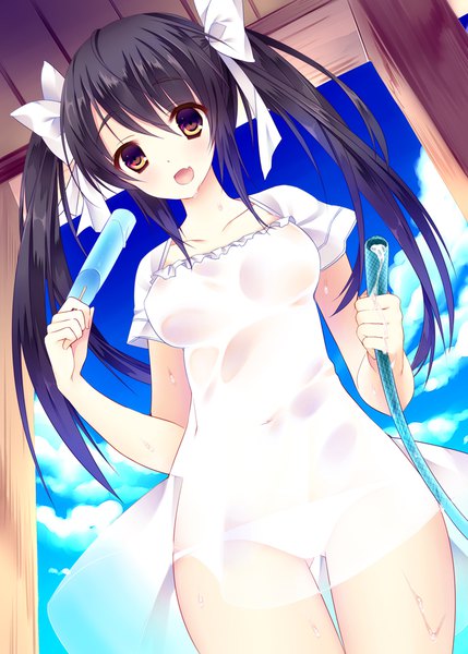 Anime picture 648x906 with original sorai shin'ya single long hair tall image looking at viewer fringe open mouth light erotic black hair smile hair between eyes twintails holding brown eyes payot sky cloud (clouds) :d from below