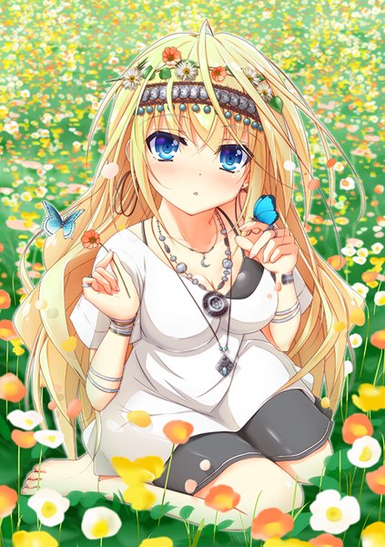 Anime picture 595x842 with original kaeru neko single long hair tall image looking at viewer blush fringe breasts blonde hair sitting holding ahoge bent knee (knees) barefoot hair flower from above off shoulder :o kneeling