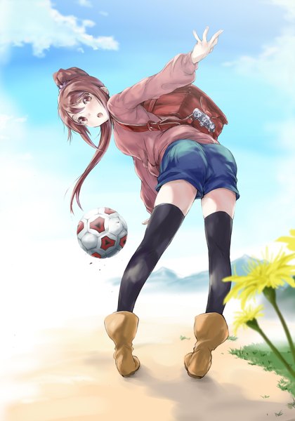 Anime picture 1200x1712 with ginga e kickoff!! takatoo erika matsukura nemu single long hair tall image open mouth brown hair brown eyes sky cloud (clouds) ponytail looking back girl thighhighs black thighhighs shorts boots sweater ball
