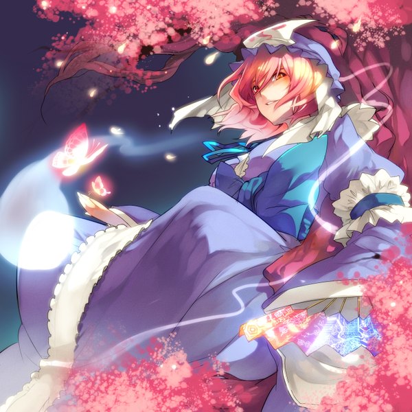 Anime picture 1417x1417 with touhou saigyouji yuyuko tsukimoto aoi single short hair red eyes pink hair cherry blossoms butterfly on hand girl insect butterfly bonnet branch fan