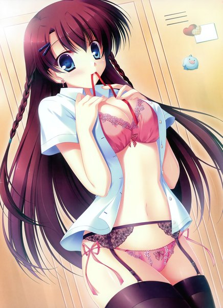 Anime picture 2458x3381 with dengeki moeou futaori arisa single long hair tall image highres blue eyes light erotic red hair open clothes open shirt mouth hold girl thighhighs navel underwear panties black thighhighs