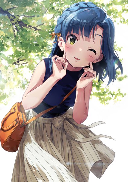 Anime picture 1133x1600 with idolmaster idolmaster million live! nanao yuriko sonsoso single tall image looking at viewer blush fringe short hair smile yellow eyes blue hair braid (braids) parted lips one eye closed wink leaning leaning forward sleeveless