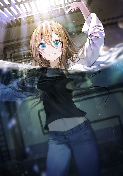 Anime picture 700x1000 with original sorolp single long hair tall image looking at viewer fringe open mouth blue eyes smile hair between eyes brown hair standing signed indoors arm up sunlight wet open shirt grin