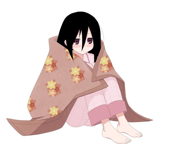 Anime picture 1253x1112 with sayonara zetsubou sensei shaft (studio) komori kiri ekra single long hair looking at viewer blush fringe black hair simple background hair between eyes white background sitting purple eyes payot full body bent knee (knees) barefoot embarrassed