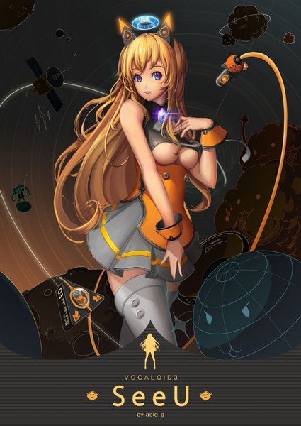 Anime picture 2476x3496 with vocaloid seeu acid g single long hair tall image looking at viewer fringe highres breasts light erotic blonde hair cloud (clouds) inscription no bra glowing happy multicolored eyes girl thighhighs