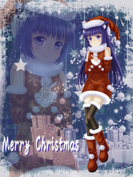 Anime picture 2654x3540 with original fukuro ko (greentea) long hair tall image blush fringe highres smile purple eyes bare shoulders animal ears purple hair blunt bangs cat ears fur trim christmas zoom layer merry christmas girl thighhighs