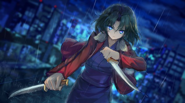 Anime picture 2000x1124 with kara no kyoukai type-moon ryougi shiki baisi shaonian single highres short hair blue eyes wide image standing holding long sleeves traditional clothes japanese clothes green hair blurry night city rain dual wielding