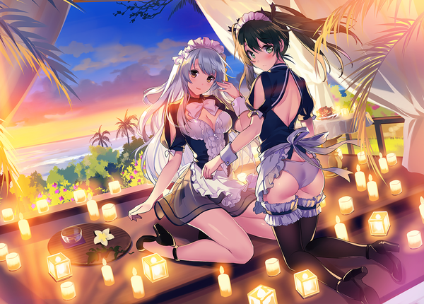 Anime picture 1200x861 with kantai collection shoukaku aircraft carrier zuikaku aircraft carrier tousaki umiko long hair blush blue eyes light erotic black hair twintails multiple girls brown eyes ass white hair maid evening sunset revision girl thighhighs