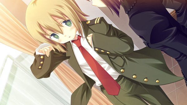 Anime picture 1600x900 with volume7 rococoworks fue (tsuzuku) fringe short hair blonde hair hair between eyes wide image multiple girls green eyes from above girl uniform 2 girls necktie