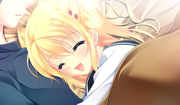 Anime picture 1024x600 with da capo iii morizono rikka tanihara natsuki long hair open mouth blonde hair wide image game cg eyes closed girl boy