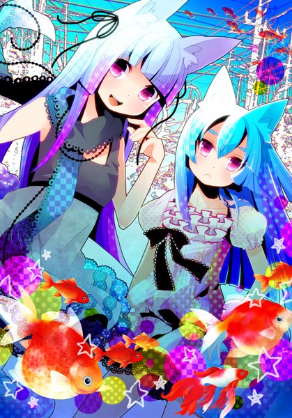 Anime picture 1000x1430 with original moonyan long hair tall image open mouth multiple girls animal ears blue hair pink eyes multicolored hair girl dress 2 girls star (symbol) fish (fishes)