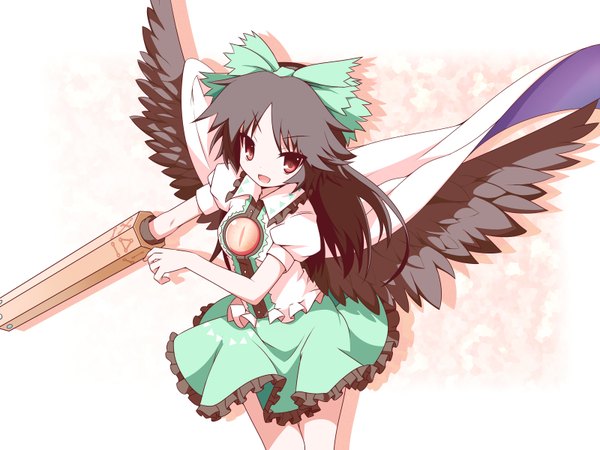 Anime picture 1600x1200 with touhou reiuji utsuho machily long hair black hair red eyes arm cannon girl skirt bow hair bow wings green skirt