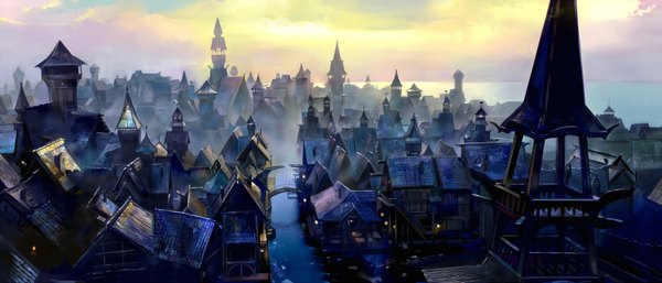 Anime picture 2000x857 with the hobbit saiga tokihito highres wide image no people scenic revision river fog village building (buildings) sun lantern bridge tower