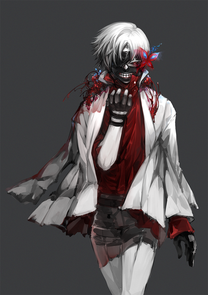 Anime picture 800x1132 with tokyo ghoul studio pierrot kaneki ken yeyeximo single tall image short hair simple background silver hair grey background glowing walking glow white skin black sclera boy gloves fingerless gloves insect butterfly