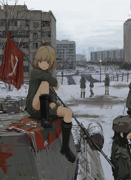 Anime picture 945x1291 with girls und panzer katyusha (girls und panzer) uehara (artist) tall image fringe short hair blue eyes black hair hair between eyes brown hair standing sitting multiple girls looking away bent knee (knees) outdoors city solo focus winter snow