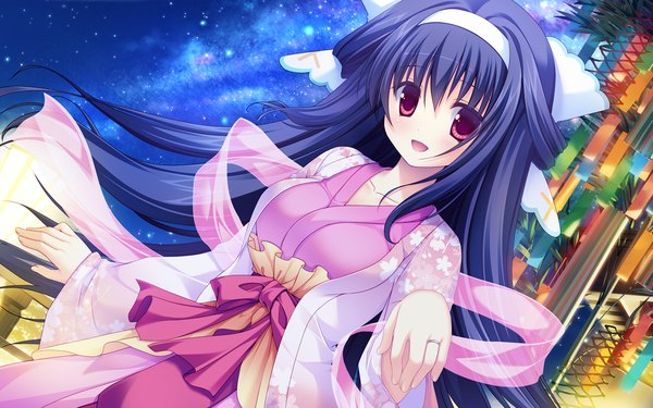 Anime picture 1280x800 with koisuru shimai no sextet kazaura kotone hatori piyoko single long hair looking at viewer blush breasts open mouth smile red eyes large breasts blue hair game cg traditional clothes japanese clothes night night sky girl hair ornament
