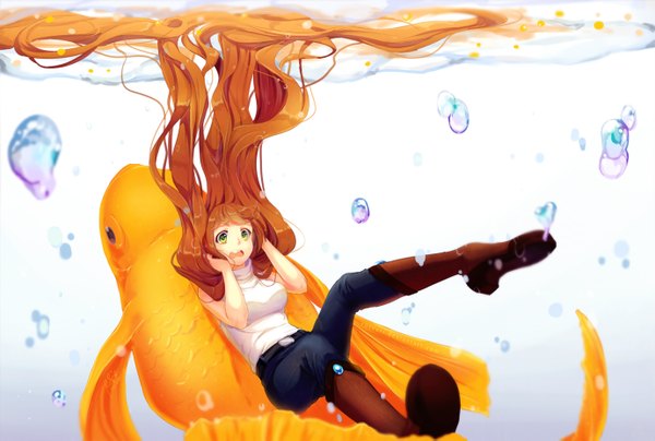 Anime picture 1380x931 with original mahel (original) rosuuri single long hair fringe open mouth green eyes orange hair underwater girl animal water boots belt thigh boots bubble (bubbles) fish (fishes) goldfish