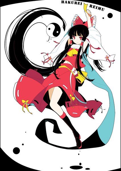 Anime picture 1111x1569 with touhou hakurei reimu ideolo single tall image black hair red eyes very long hair inscription arms behind head miko yin yang girl skirt bow hair bow detached sleeves skirt set