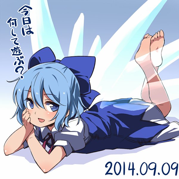 Anime picture 1000x1000 with touhou cirno yudepii single blush short hair open mouth blue eyes blue hair looking away lying barefoot girl dress bow hair bow wings