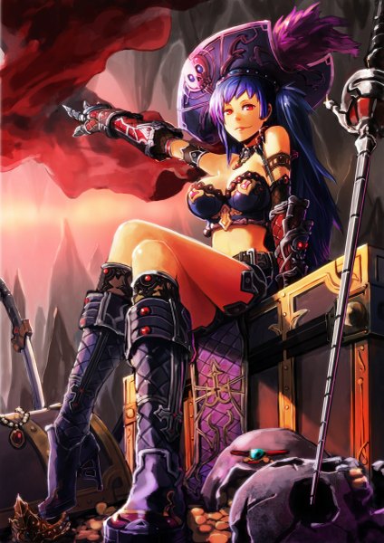 Anime picture 849x1200 with original holysnow long hair tall image breasts smile red eyes large breasts sitting bare shoulders blue hair high heels legs crossed legs pirate girl gloves weapon sword choker